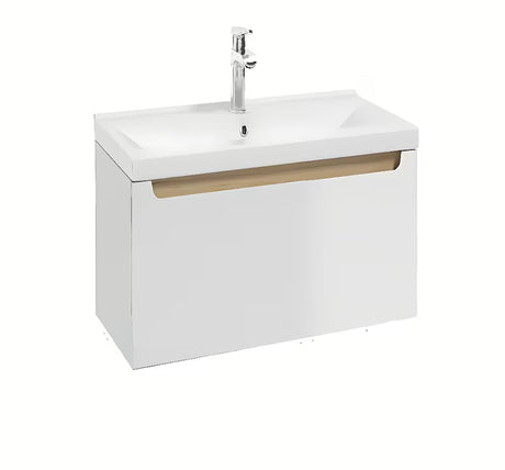 Bijeli viseča kopalniška omarica Naturel Stilla s keramičkim umivaonikom Verso i jednom ladicom.