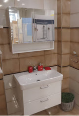 Omarica z Ogledalom Naturel Vario Dekor 75x68,6 cm v mat beli barvi s steklenimi policami