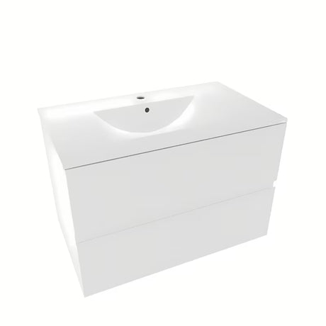 Bijela viseča kopalniška omarica Naturel Verona s keramičkim umivaonikom i ladicama bez ručkica.