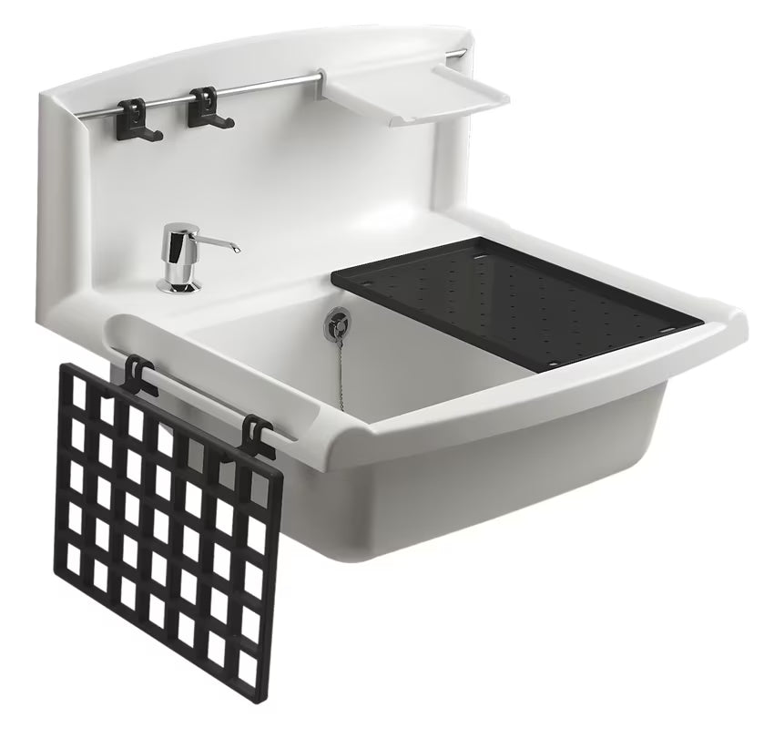 Bela viseča izlivno korito Nicoll Multiset 55x45 cm iz polipropilena z mat površino pro enostavno čiščenje.