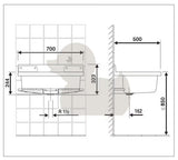 Bijeli izlivno korito Nicoll Abu Maxi 70x50 cm s odlagališnom plohom i mogućnošću ugradnje stojeće slavine.