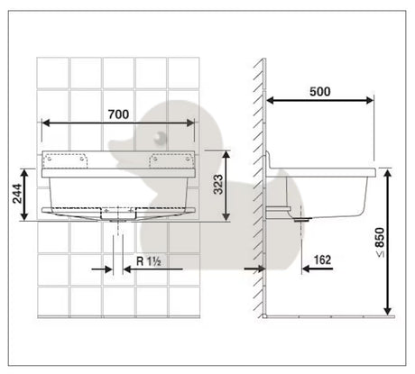 Bijeli izlivno korito Nicoll Abu Maxi 70x50 cm s odlagališnom plohom i mogućnošću ugradnje stojeće slavine.