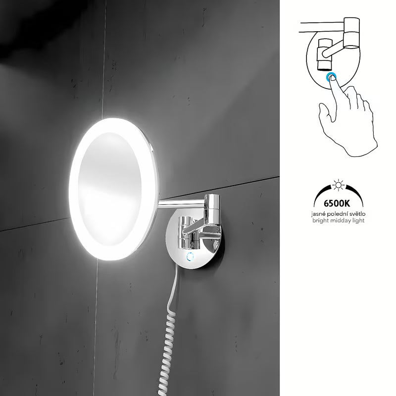 LED kozmetično ogledalo Nimco v krom izvedbi s 5× povečavo in osvetljenim stikalom na dotik.