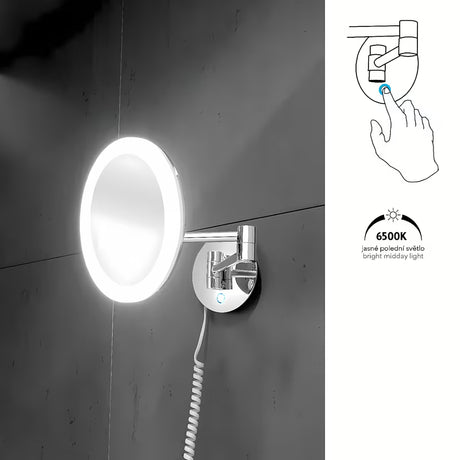 LED kozmetično ogledalo Nimco v krom izvedbi s 5× povečavo in osvetljenim stikalom na dotik.