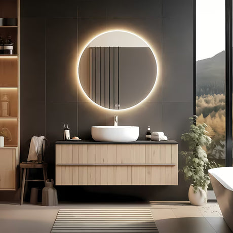 Okroglo LED kopalniško ogledalo Nimco z osvetlitvijo po obodu, premer 80 cm.
