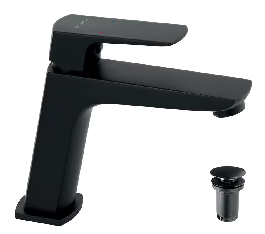 Črna enoročna stoječa armatura za umivalnik Novaservis Nobles Ego z mat površino in odtokom.