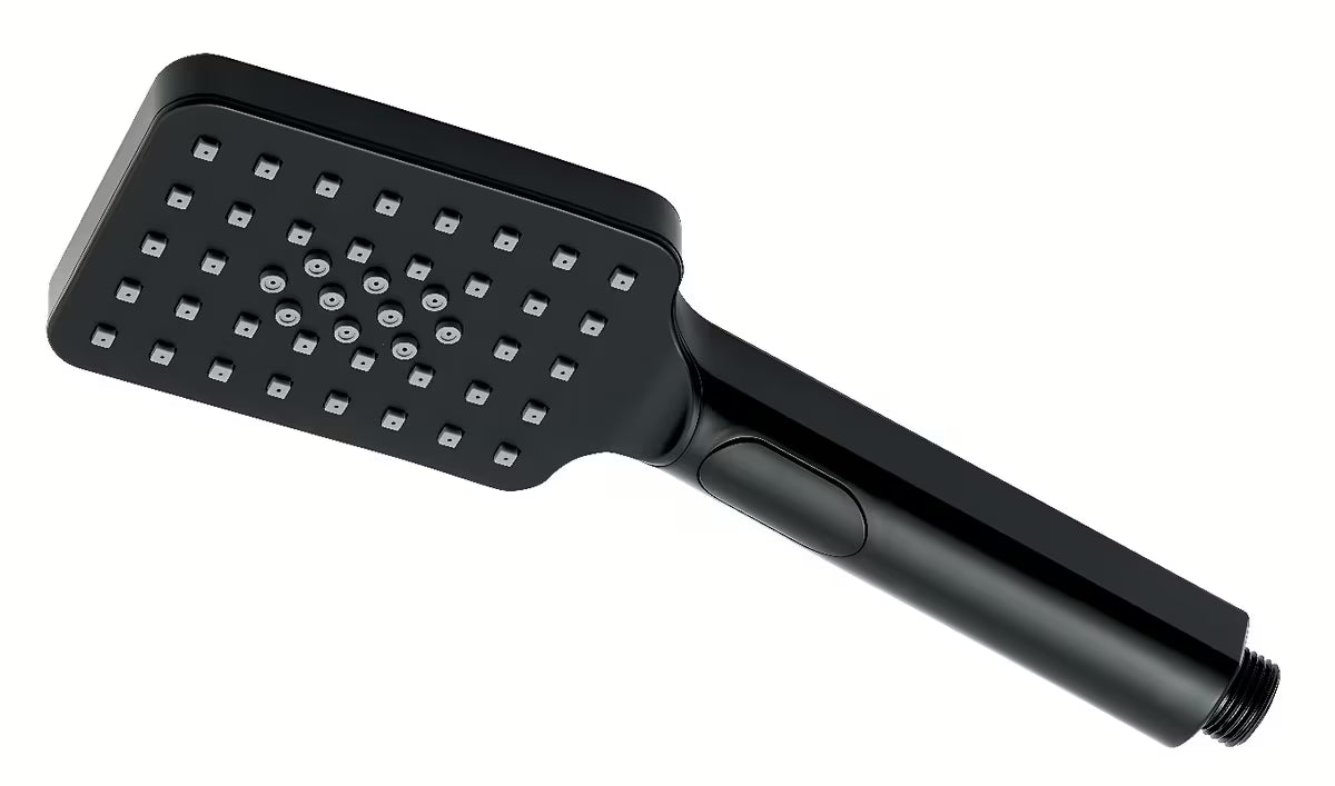 Črna ročna prha Novaservis s 3 funkcijami in ergonomsko obliko pro za udobno prhanje.