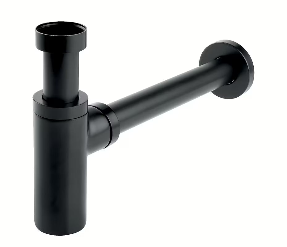 Popolnoma kovinski sifon za umivalnik Novaservis v mat črni izvedbi z odtokom 32 mm.