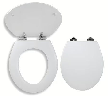 Beli leseni WC deska Novaservis Lyra z mehko Zapiranje Soft Close in tečaji iz kromirane medenine