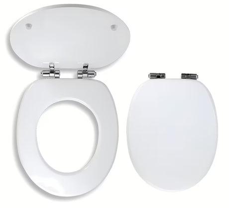 Beli WC deska Novaservis iz lakiranega MDF s tihim zapiranjem mehko Zapiranje Soft Close in kromiranimi medeninastimi tečaji.