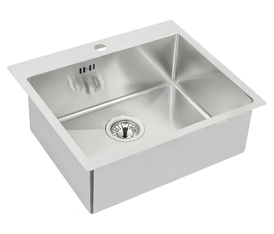 Nerjavno kuhinjsko enojno korito Optima Carlos pro zgornja montaža za delovni pult, 550 x 480 mm.
