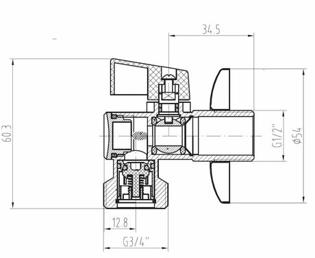 Popolnoma kovinski kotni ventil Optima 1/2x3/4 s plastično loputo in vgrajenim filtrom