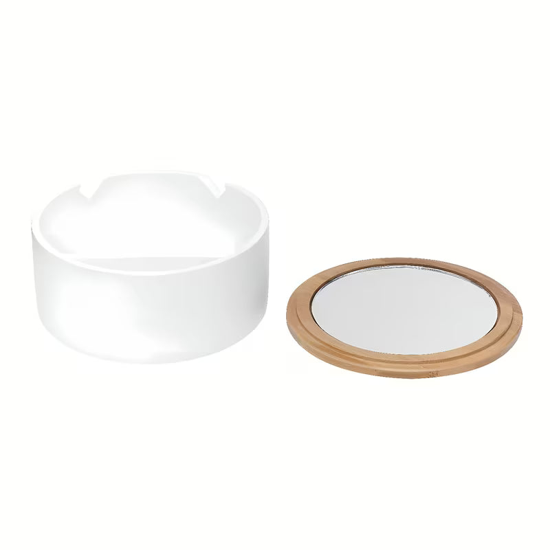 Bijeli samostoječi  kozmetički škatla Optima Libra s pokrovčkom i ogledalcem od keramike i drva.