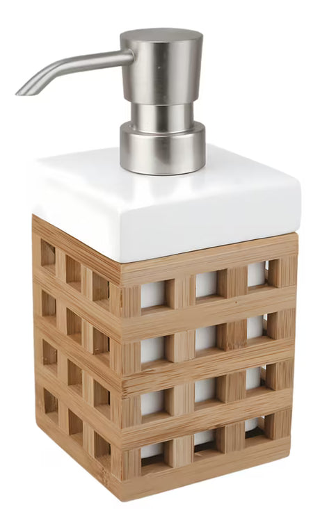 Samostoječi  dozirnik za milo Optima Libra u bijeloj boji s bambusovim elementom i četvrtastim dizajnom.