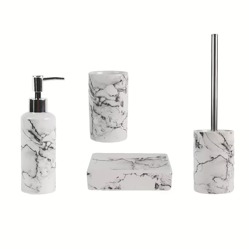 Bela keramična komplet kopalniških dodatkov Optima Marmo z videzom marmorja