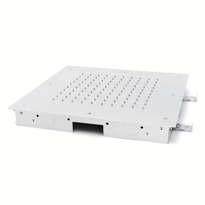 Vgradna medeninasta nadglavna prha Optima Chrome z oglato zasnovo, dimenzije 43x43 cm.