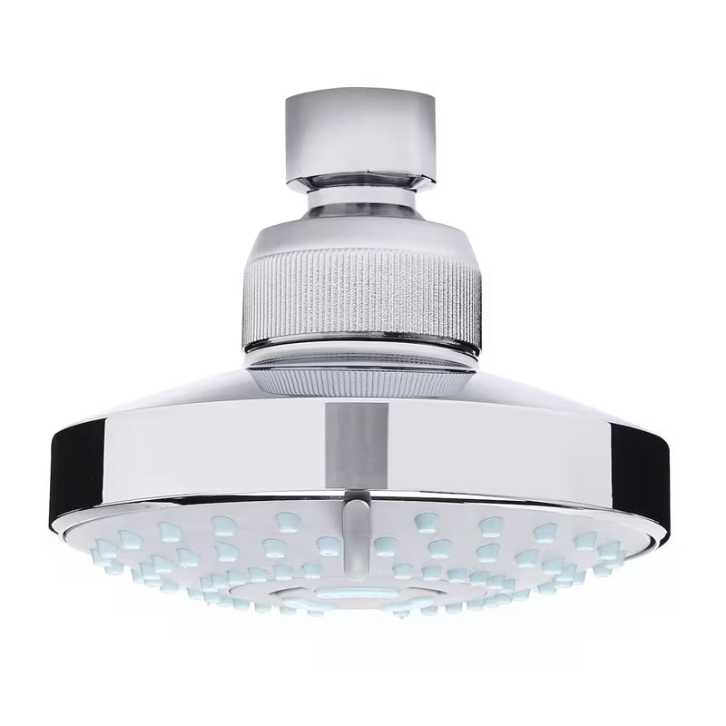 Kromirana plastična nadglavna prha Optima s premerom 8 cm in tremi vrstami pršnih curkov.