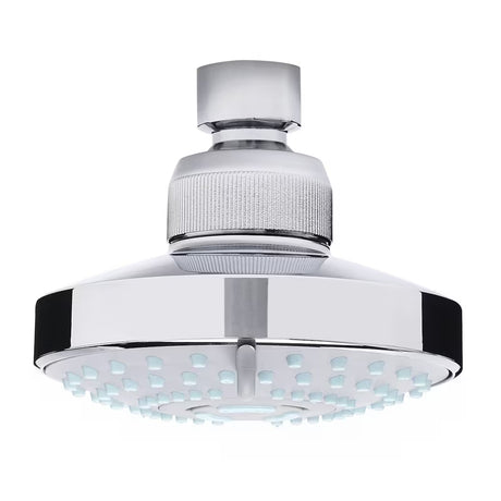 Kromirana plastična nadglavna prha Optima s premerom 8 cm in tremi vrstami pršnih curkov.