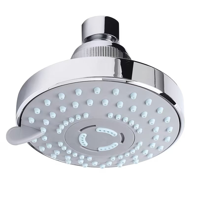 Kromirana plastična nadglavna prha Optima s premerom 8 cm in tremi vrstami pršnih curkov.