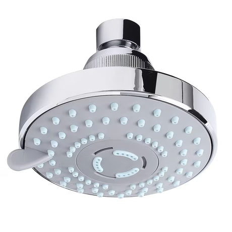 Kromirana plastična nadglavna prha Optima s premerom 8 cm in tremi vrstami pršnih curkov.