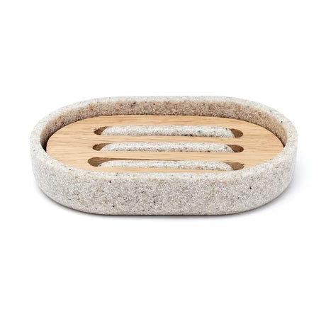 Ovalna posoda za milo Optima Poly v odtenku light-limestone iz polyresina in lesa.