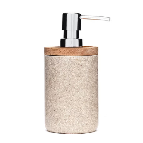Dozirnik za Milo Optima Poly v barvi light-limestone iz polyresina z lesenim detajlom in kromirano pumpico.