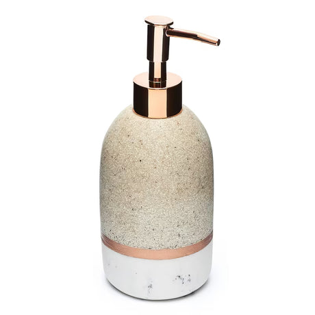 Samostoječi  dozirnik za tekoče milo Optima Tera v dekorju light-limestone s črpalko rose gold.