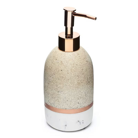 Samostoječi  dozirnik za tekoče milo Optima Tera v dekorju light-limestone s črpalko rose gold.