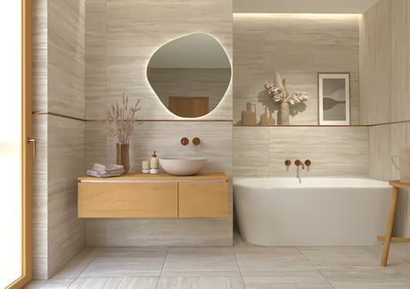 Samostoječi  dozirnik za tekoče milo Optima Tera v dekorju light-limestone s črpalko rose gold.