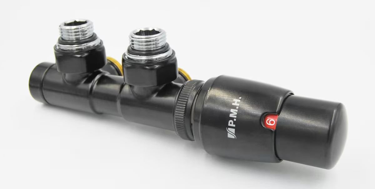 P.M.H. Term termostatski kotni ventil v črni mat pro za sredinski priklop kopalniškega radiatorja