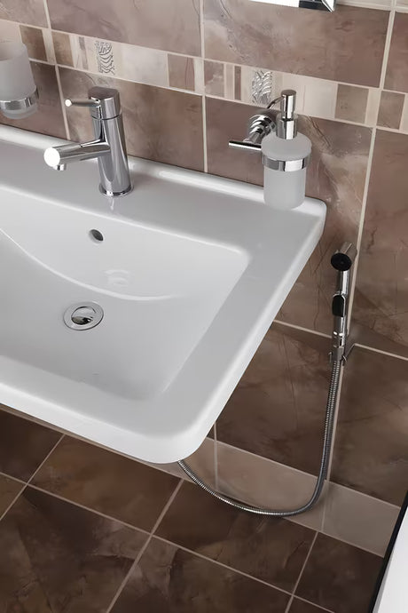 Kromirana armatura za umivalnik Paffoni Birillo z bide prho in preklopnikom vodnega toka.