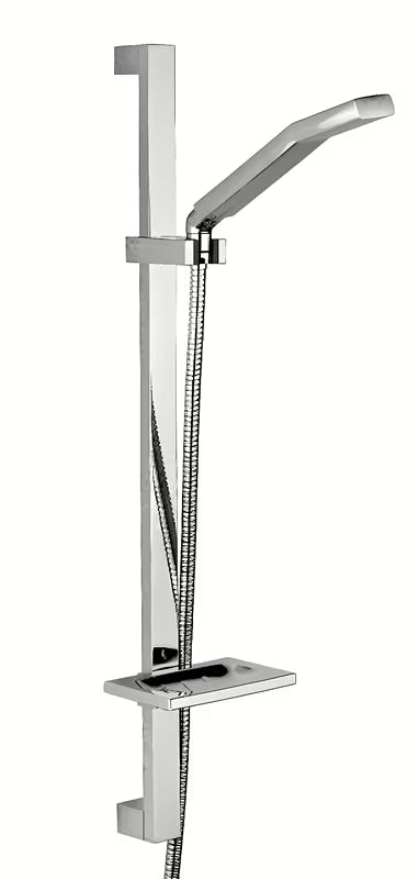 Kromirani tuš set Paffoni Level s kliznom šipkom, ručnim tušem Domino i sapunjerom u četvrtastom dizajnu.