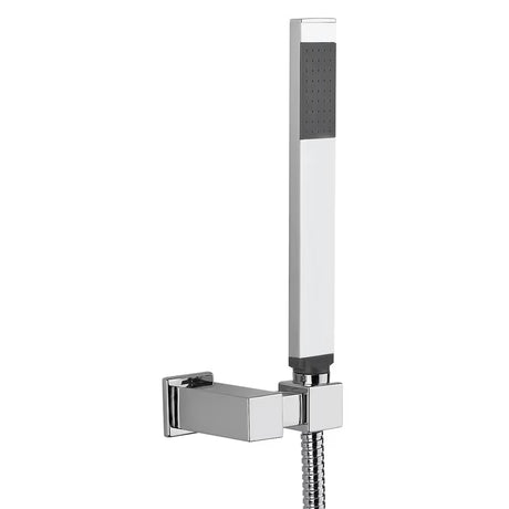 Kromirani komplet za kad Paffoni Level s ručnim tušem, držačem i crijevom u modernom četvrtastom dizajnu.