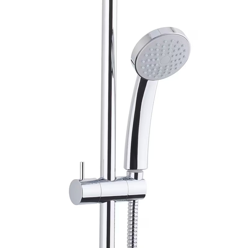 Tušni sistem Paffoni Chrome z enoročno armaturo, ročno in nadglavno prho v okroglem dizajnu.