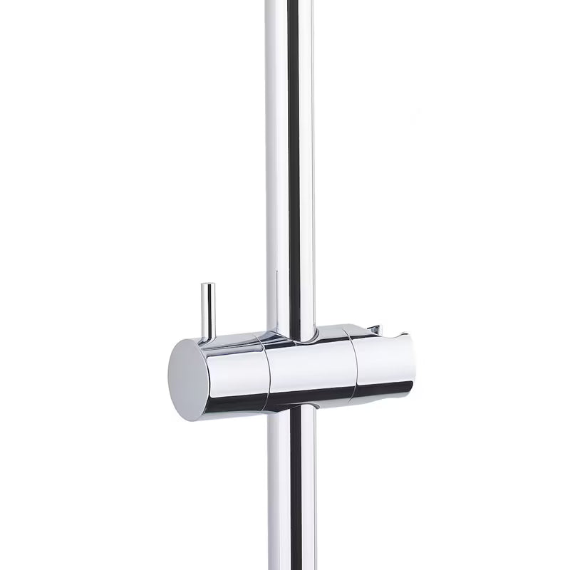 Tušni sistem Paffoni Chrome z enoročno armaturo, ročno in nadglavno prho v okroglem dizajnu.