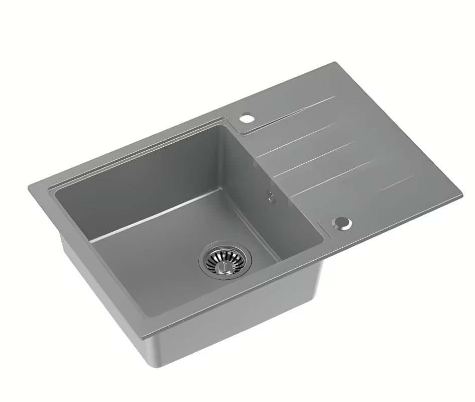 Sivi granitni pomivalno korito z odcejalnikom pro, montaža za delovni pult Quadron Peter