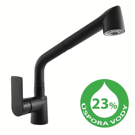 Mat črna armatura za pomivalno korito Rav Slezak Vltava z izvlečno prho in ročnim upravljanjem.