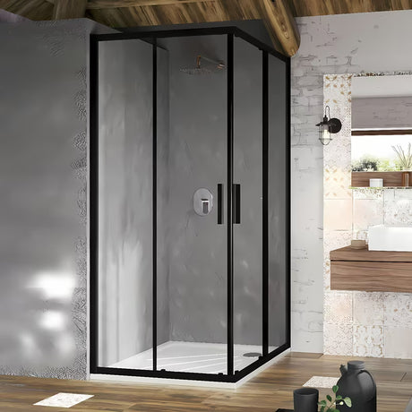 Kvadratni kotni tuš kabina Ravak Blix Slim 90x90 cm v črni barvi s prozornim steklom in drsnimi vrati.