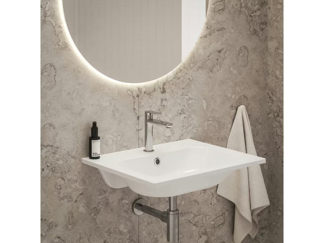 Bel pohištveni umivalnik Ravak Chrome Slim 60 x 49 cm iz litega marmorja s prelivom
