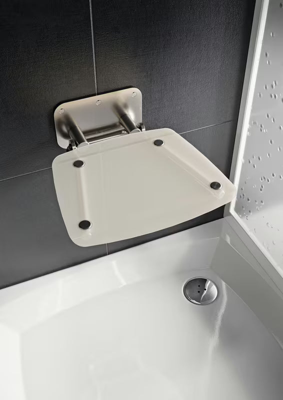 Zložljivo sedež za tuš Ravak Ovo B z nerjavečo konstrukcijo in polprosojno belim sedežem Opal (Clear).