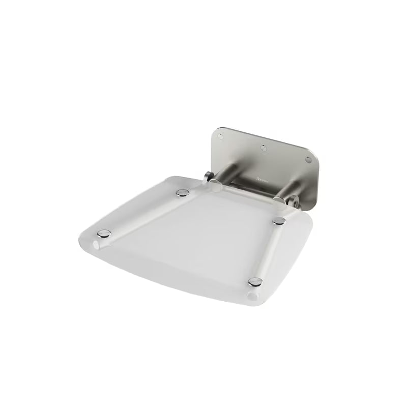 Zložljivo sedež za tuš Ravak Ovo B II s konstrukcijom od nehrđajućeg čelika i prozirnim poluprozirnim sjedalom Clear.