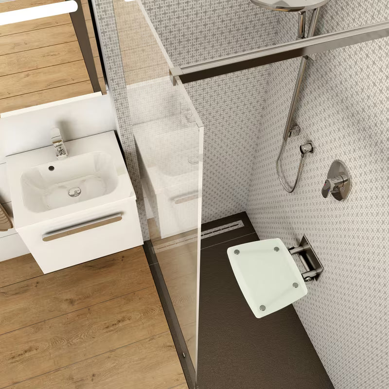 Zložljivo sedež za tuš Ravak Ovo B s konstrukcijom od nehrđajućeg čelika i poluprozirno bijelim sjedalom Opal (Clear).