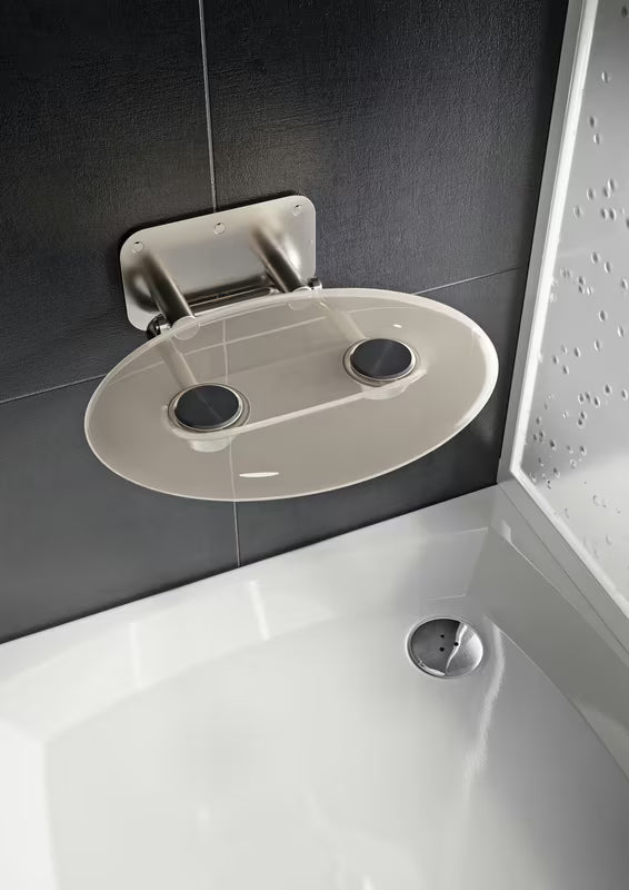 Zložljivo sedež za tuš Ravak Ovo P II s konstrukcijom od nehrđajućeg čelika i poluprozirnim sjedalom Clear