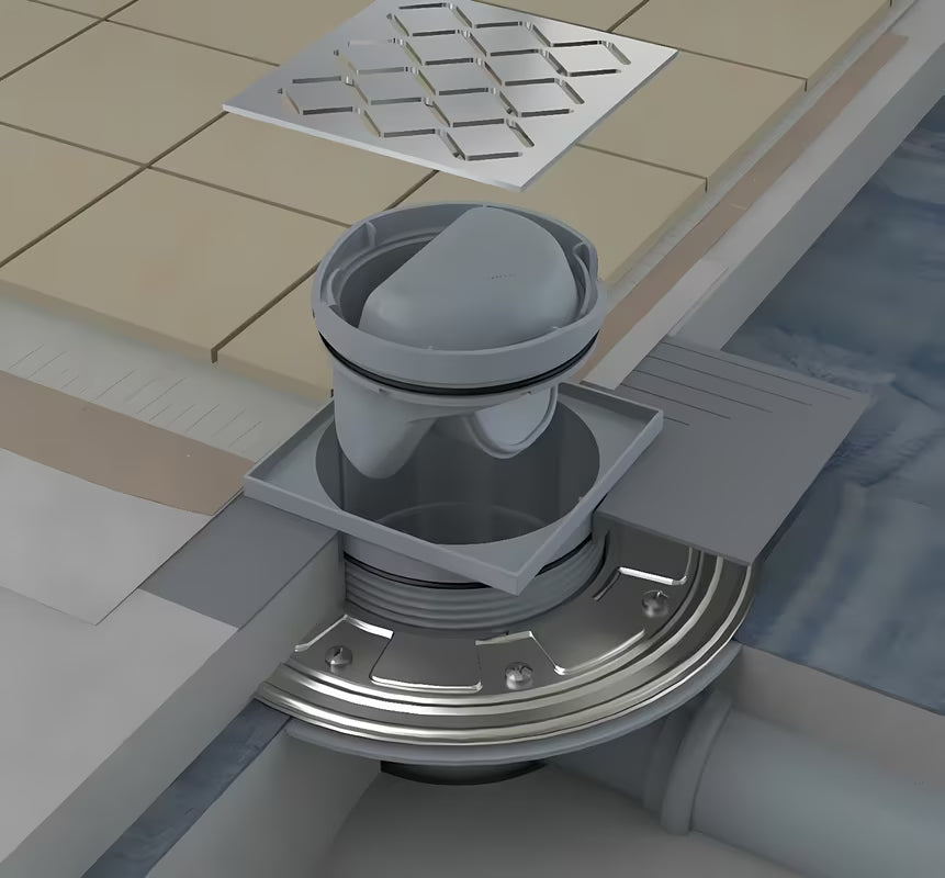 Talni sifon Ravak SN501 s plastičnim tijelom i rešetkom od nehrđajućeg čelika, promjer 10,5 cm.