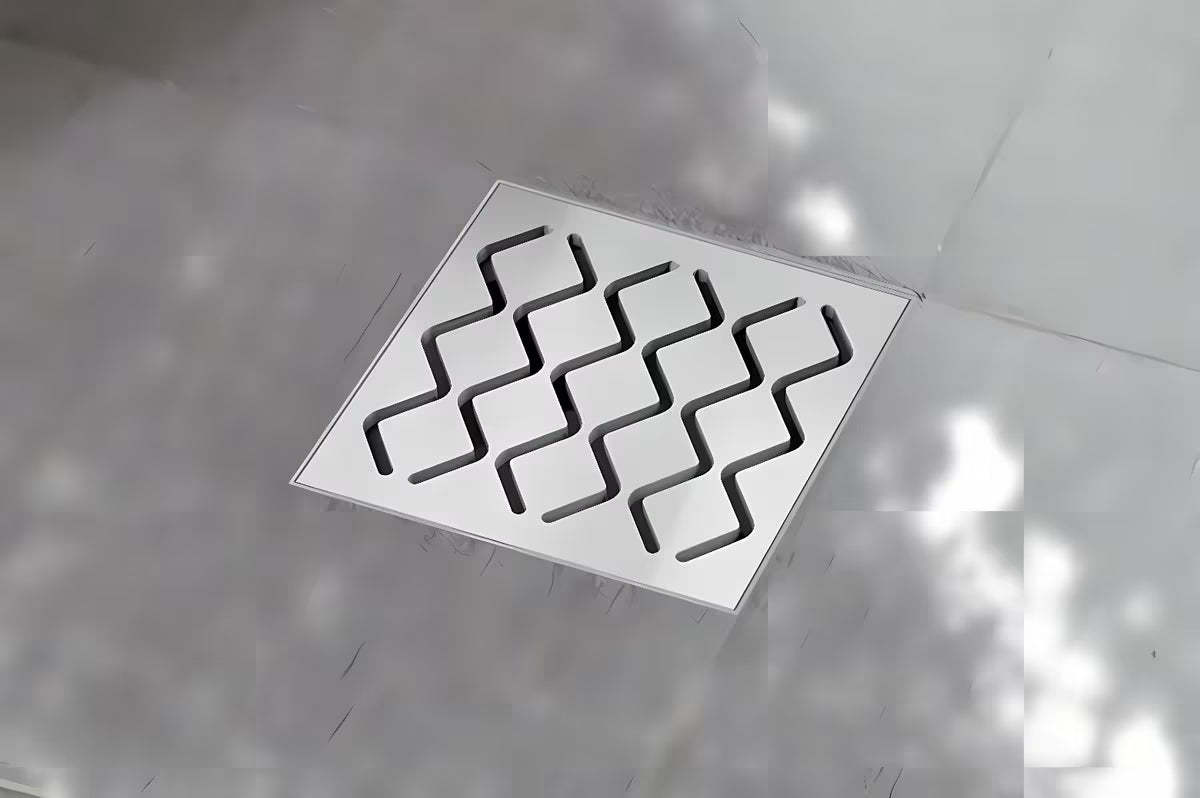 Talni sifon Ravak SN501 s plastičnim ohišjem in rešetko iz nerjavečega jekla, premer 10,5 cm.