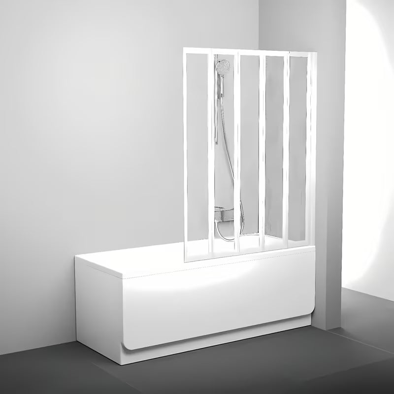 Bijela petdelna sklopiva stena za kopalno kad Ravak Supernova s neprozirnom ispunom Rain, visina 133 cm.