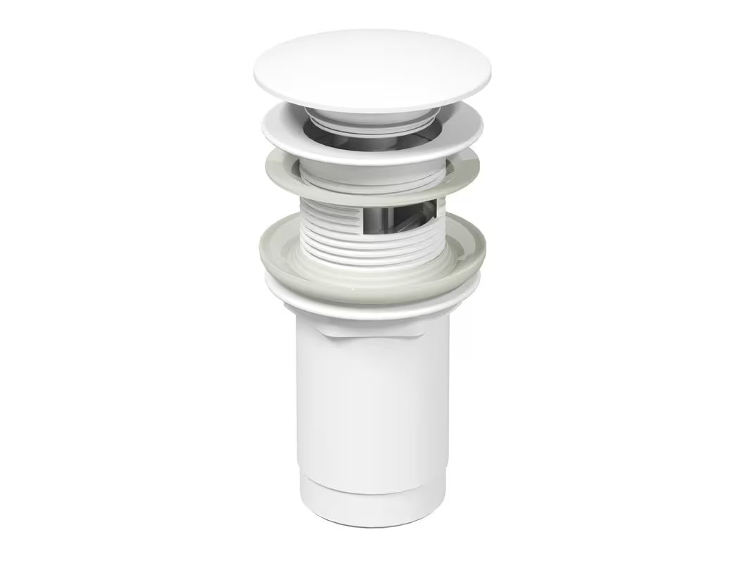 Bela mat umivalniška odtok Ravak Click-Clack pro za umivalnik s prelivom, premer zgornjega dela 62 mm.