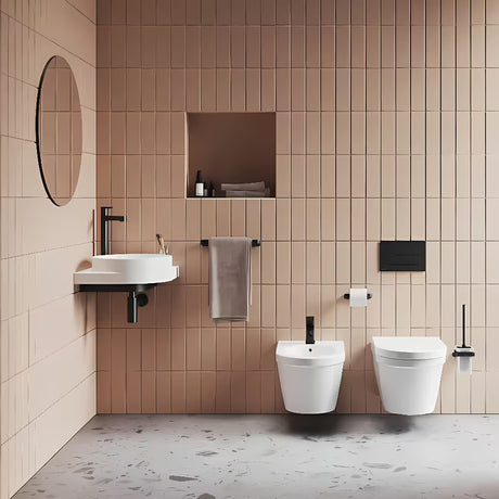 Bijeli keramički kotno viseči umivalnik Ravak Yard s upuštenom odlagališnom plohom