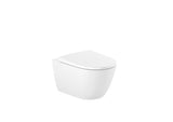 Beli viseča WC školjka Roca Ona brez splakovalnega kroga s tehnologijo Roca Rimless in skritim pritrjevanjem.