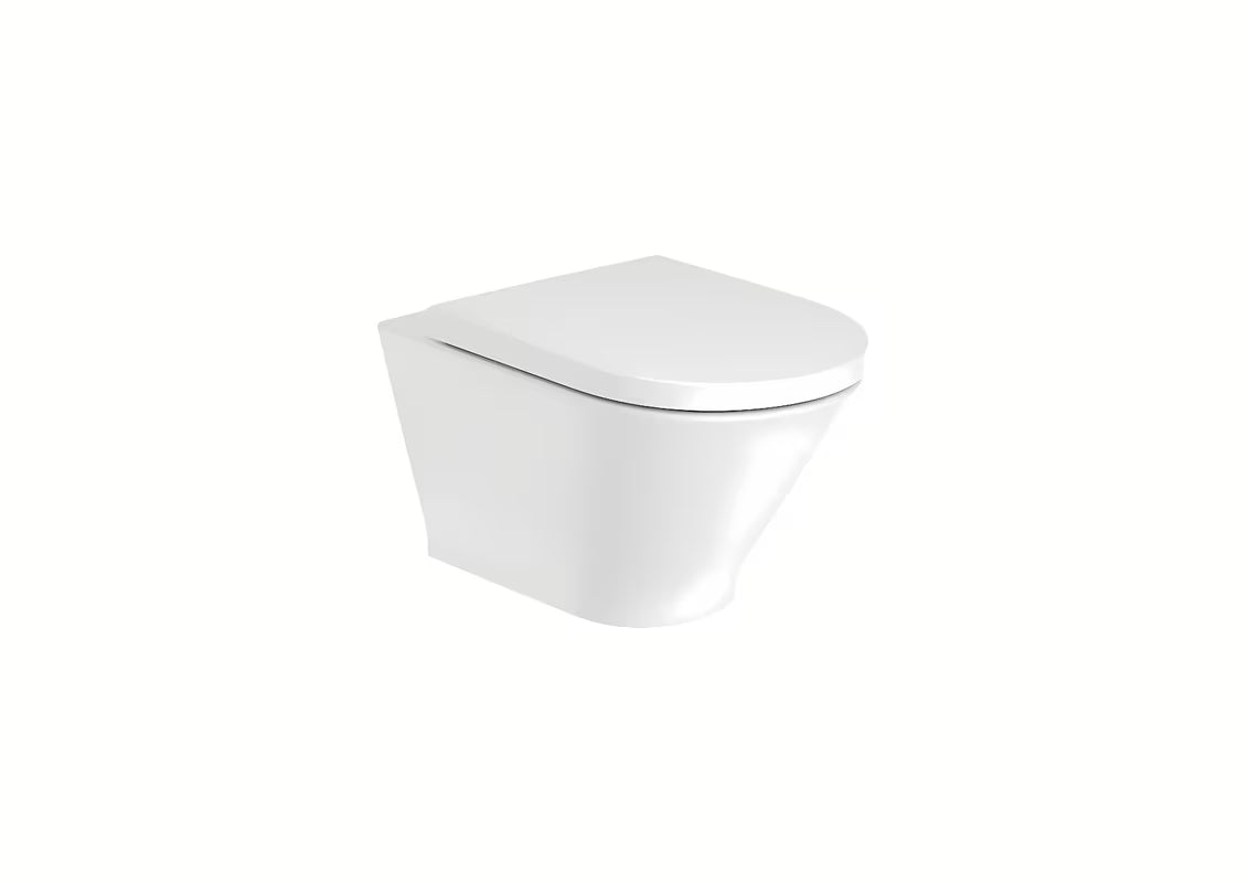 Bel viseča WC školjka Roca The Gap z izvedbo Rimless in sijajno glazirano površino.